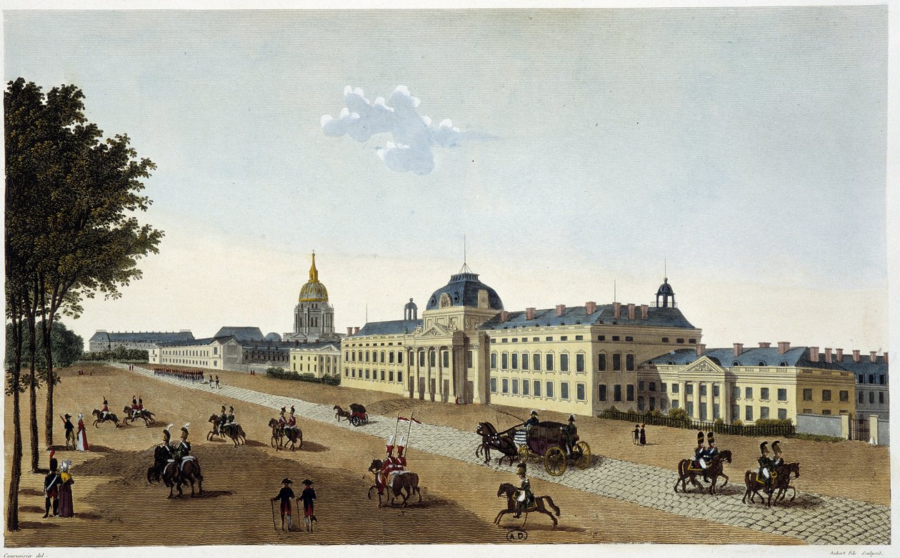 Kilátás a katonai iskolára a Champs de Mars oldalán, 1820 körül – Courvoisier „” Vues de Paris”-jában alkotó: Henri Courvoisier Voisin