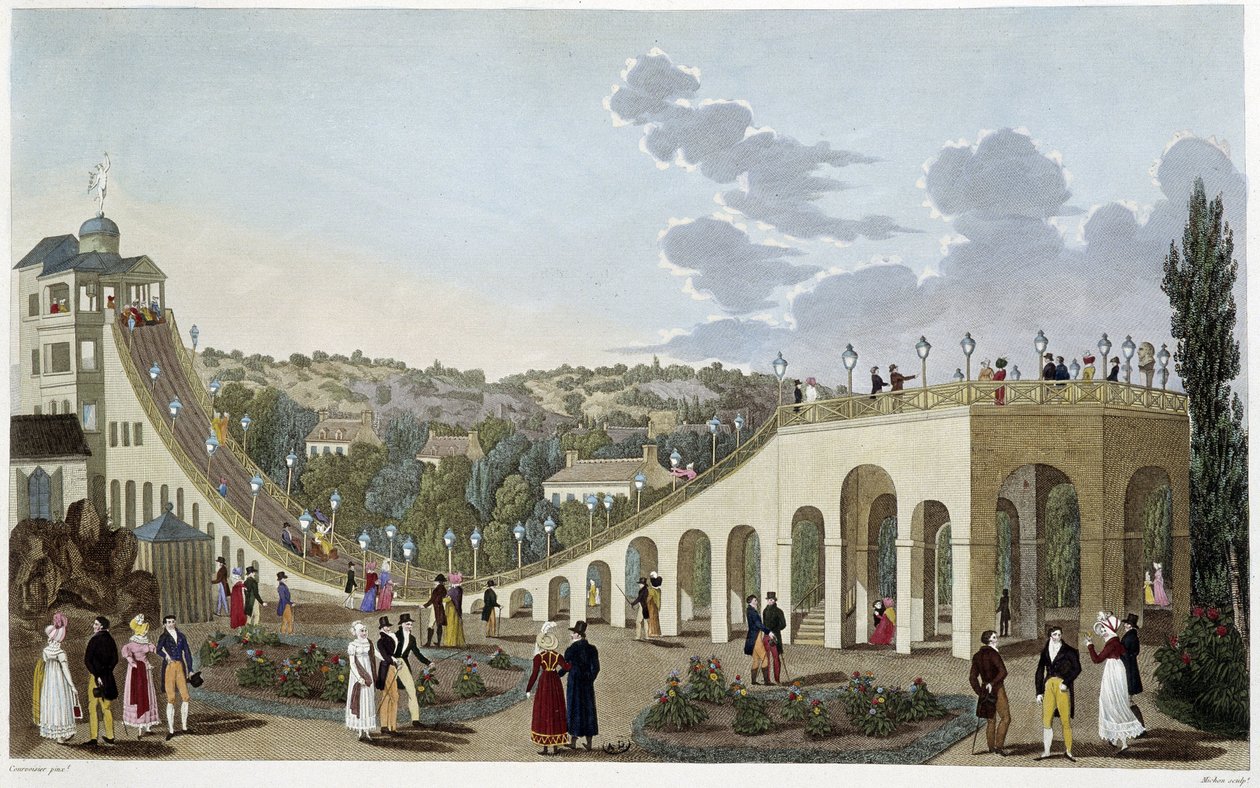Kilátás a Belleville-hegységre, 1820 körül – Courvoisier „” Vues de Paris” című művében alkotó: Henri Courvoisier Voisin