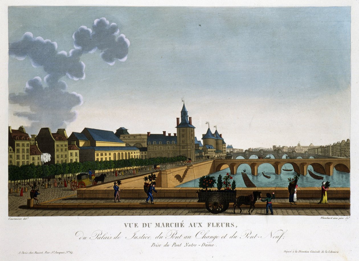 Kilátás a virágpiacra, a cserehídra és az új hídra – Courvoisier „” Vues de Paris”-ban alkotó: Henri Courvoisier Voisin