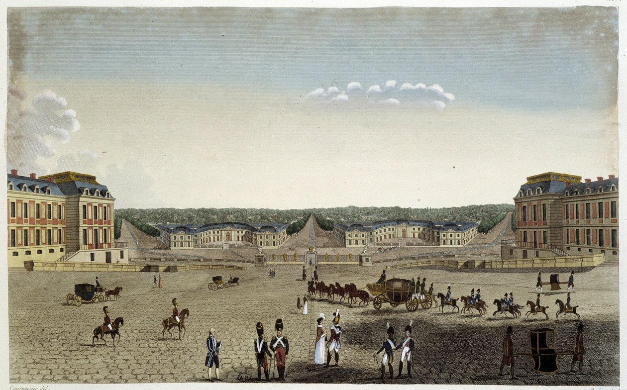 Kilátás a király nagy és kis istállóira Versailles-ban – Courvoisier „” Vues de Paris”-jában alkotó: Henri Courvoisier Voisin