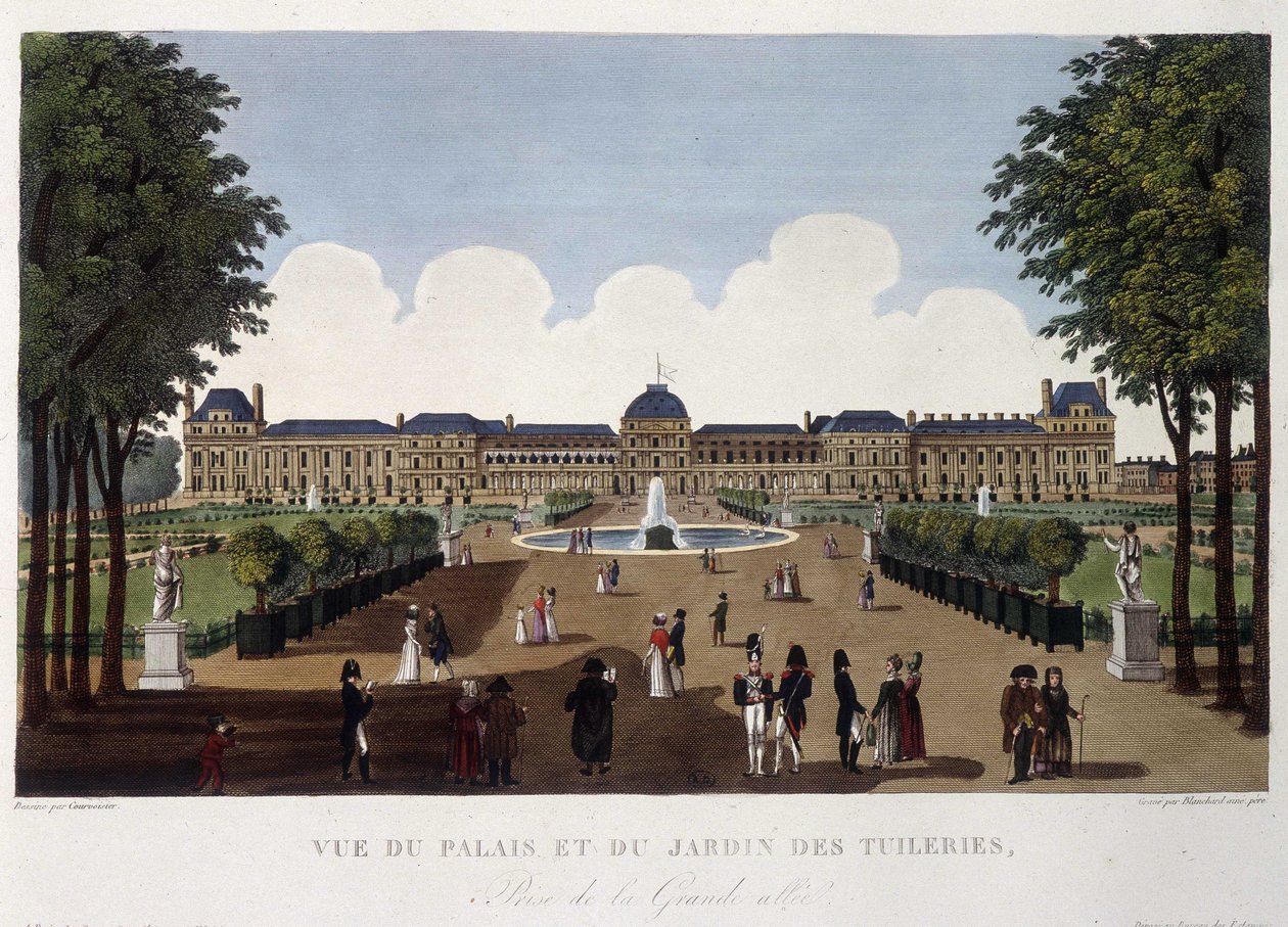 Kilátás a palotára és a Tuileriák kertjére – Courvoisier „” Vues de Paris”-jában alkotó: Henri Courvoisier Voisin