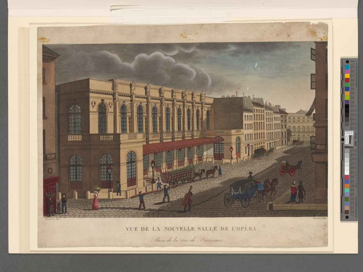 Az Opera új termének kilátása a rue de Provence-ról, Rousseau metszete, 1821 körül alkotó: Henri Courvoisier Voisin