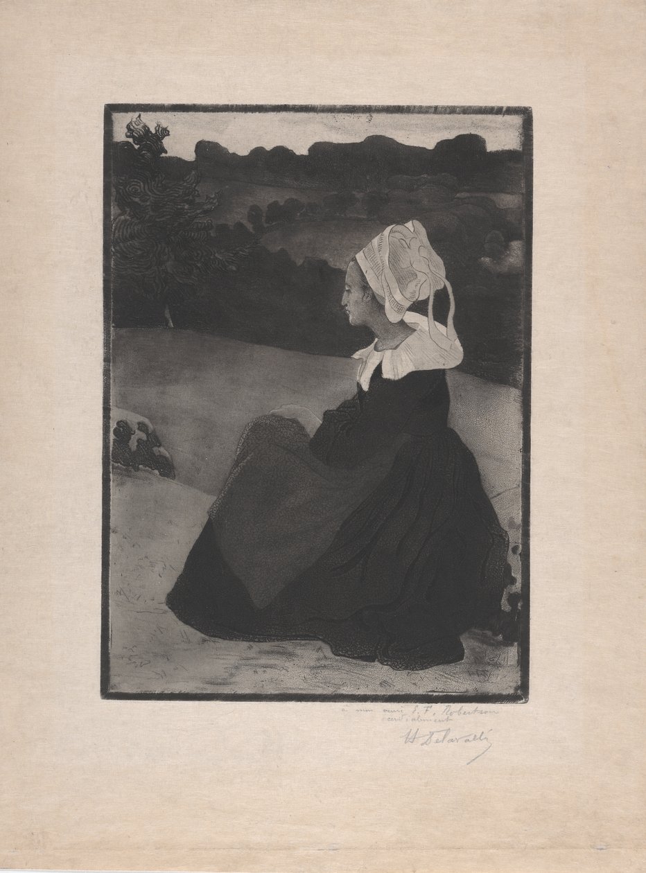 Bretonne assise (Ülő breton nő) 1893 körül (lágy talajú rézkarc és akvatinta) alkotó: Henri Delavallee