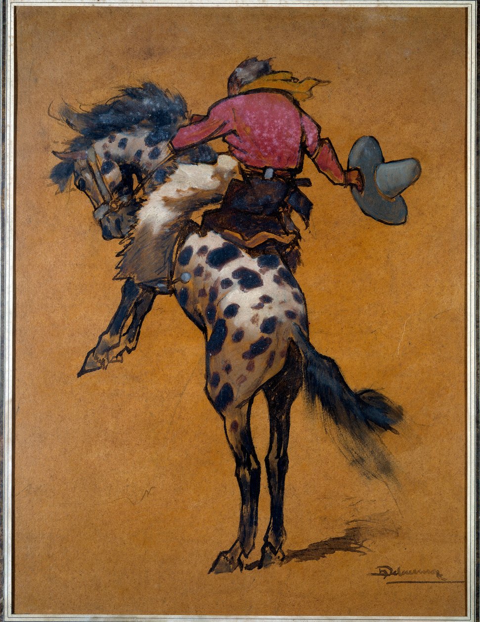 Rodeo: "" Cowboy egy lópáncélon"" Henri Deluermoz (1876-1943) rajza, 20. századi La Rochelle, Új Világ Múzeum alkotó: Henri Deluermoz