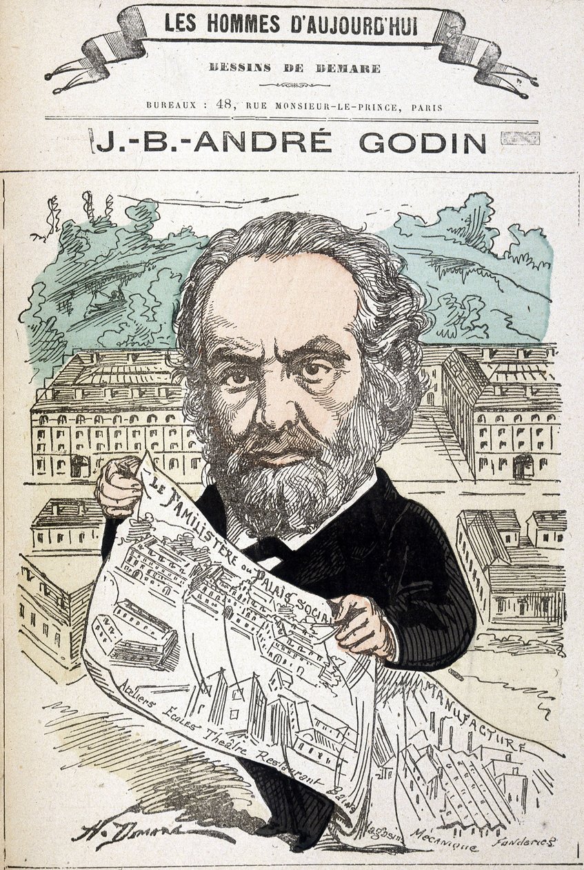 Jean Baptiste André Godin (1817-1888), a család iparos alapítója. Demare rajza „A mai férfiak” c. alkotó: Henri Demare