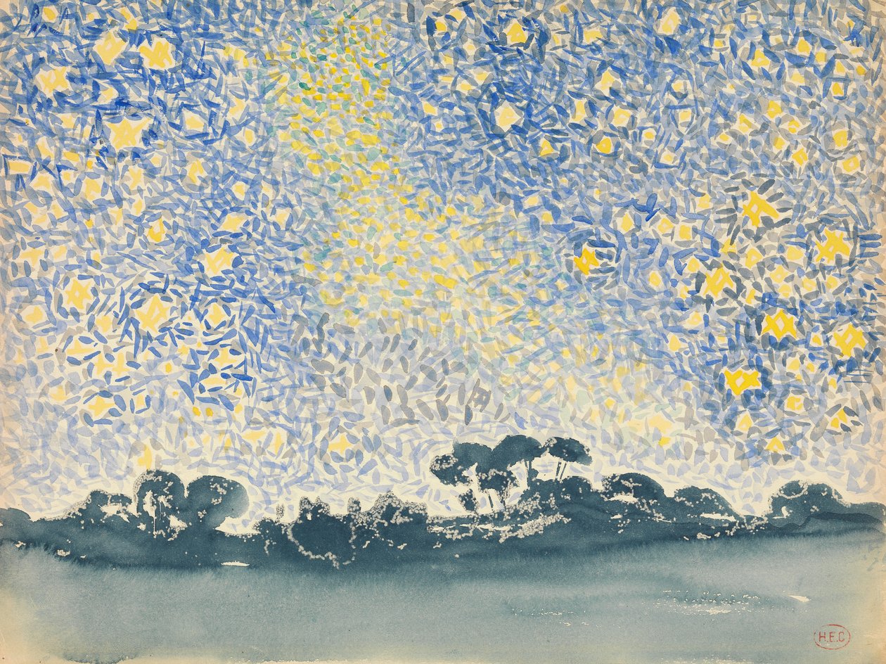 Táj csillagokkal, 1905-2008 körül (wc grafit fölött fehér szőtt papíron) alkotó: Henri Edmond Cross