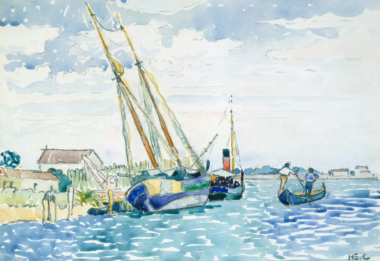 Tengeri jelenet (csónakok Velence közelében), 1903 (wc grafit felett fehér szőtt papíron, szárazon felszerelve nehéz szövésű kártyára) alkotó: Henri Edmond Cross