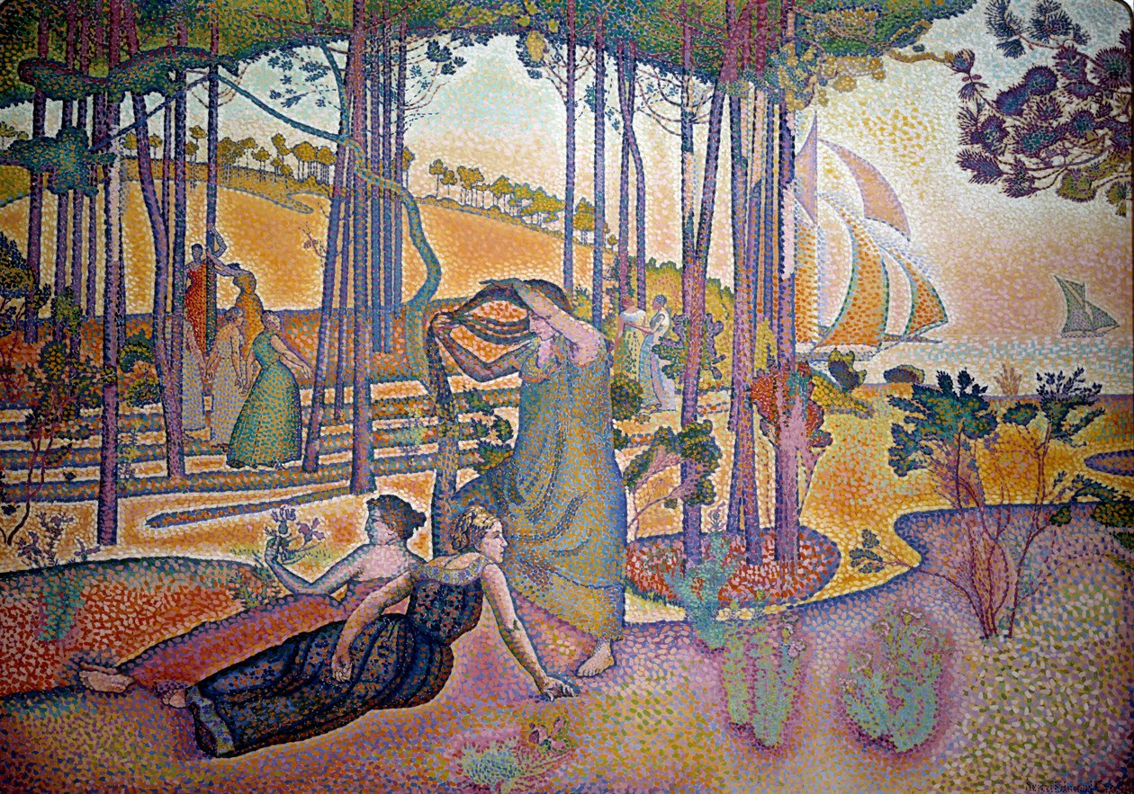 Az esti levegő. Nők a fűben az erdő mellett. Henri Delacroix Dit Cross (Henri Edmond Cross) festménye (1856-1910) alkotó: Henri Edmond Cross