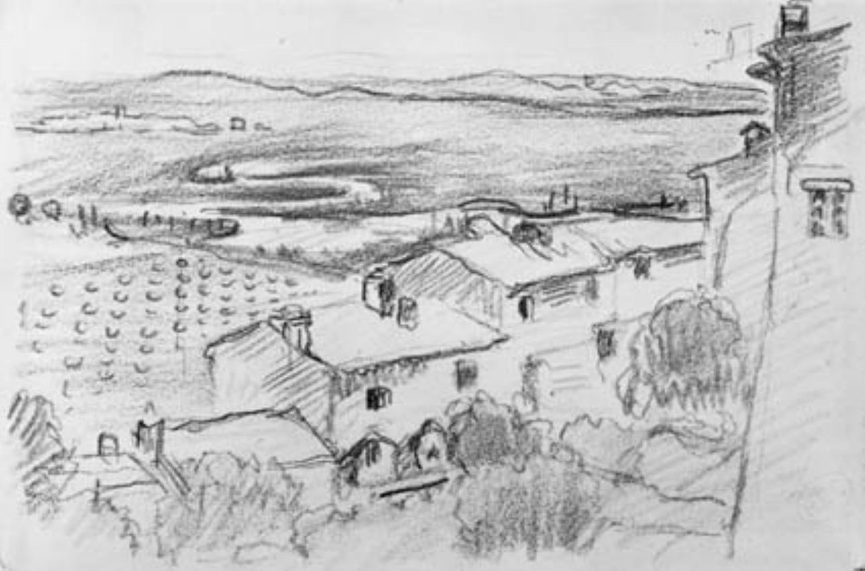 Kilátás egy faluból, mezőkön és réteken a tenger felé. Bormes-les-Mimosas alkotó: Henri Edmond Cross