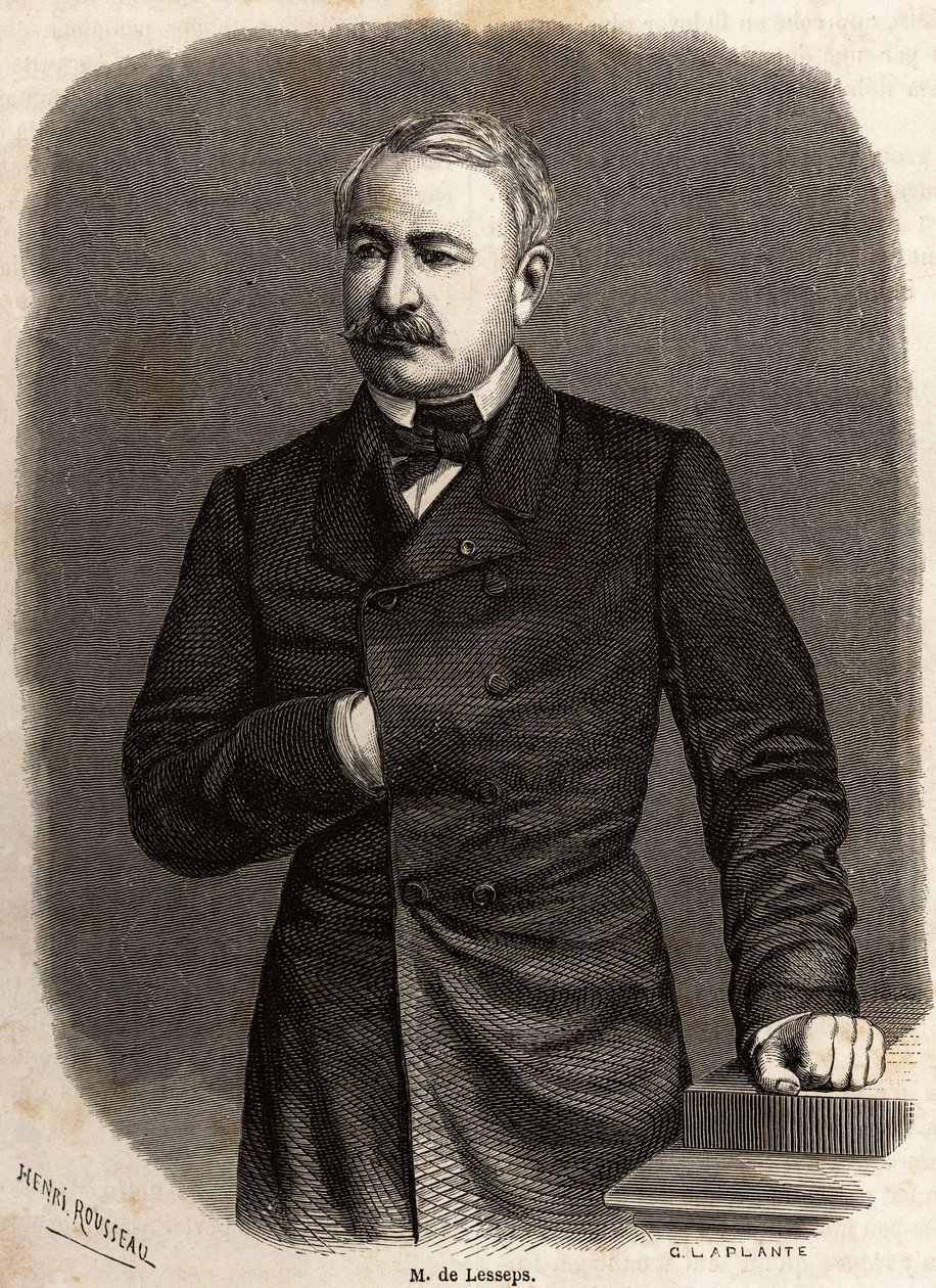 Ferdinand de Lesseps (1805-1894) diplomata és vállalkozó, a két ambiciózus projekt: a Szuezi- és Panama-csatorna portréja, Henri Rousseau rajza Paul Merruau 1862-es Szuezi-csatornához tett kirándulásának illusztrálására. Gravírozás ""-be alkotó: Henri Emilien Rousseau