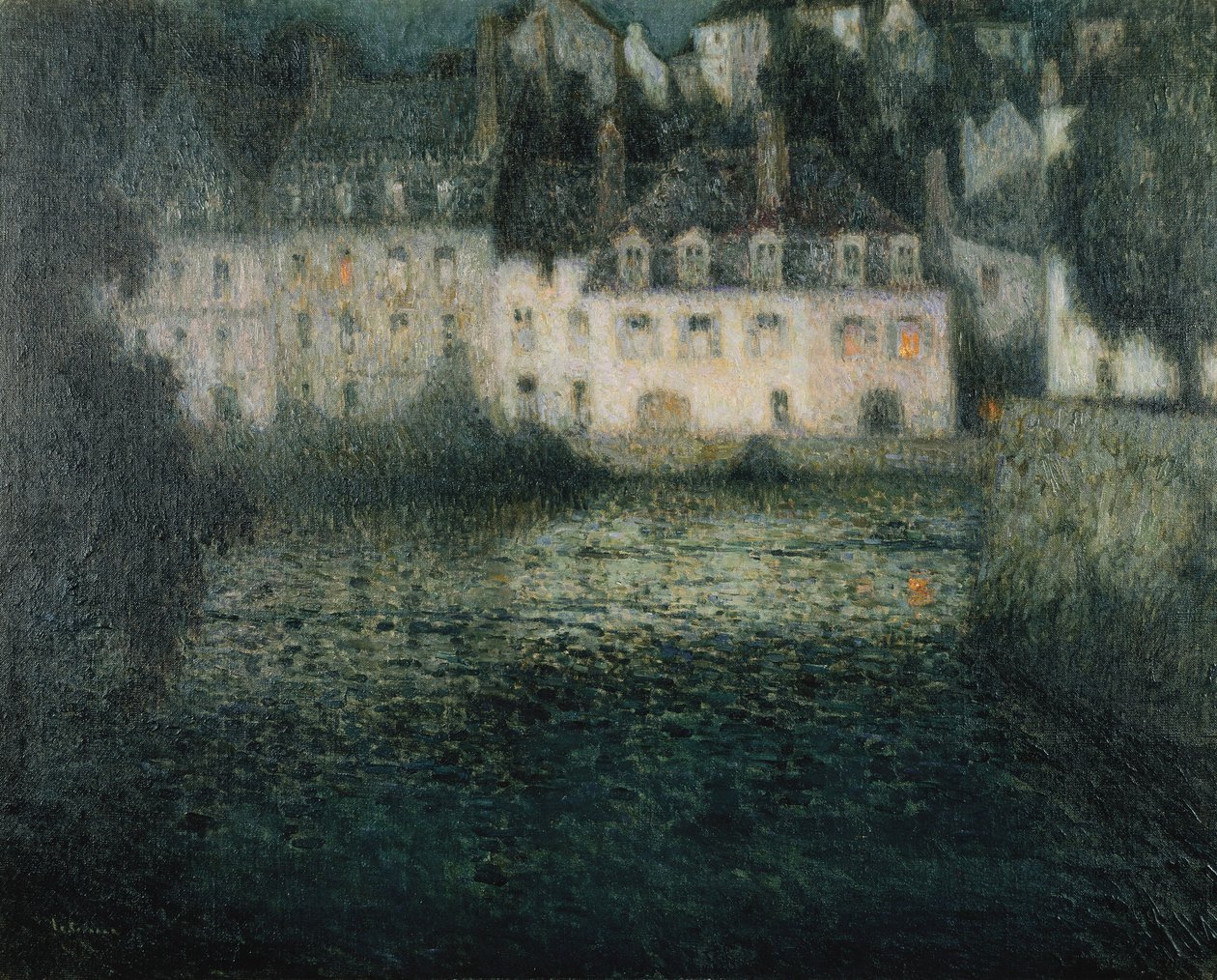 Ház a folyón a holdfényben; Ház a Holdfény folyón, Quimperle alkotó: Henri Eugene Augustin Le Sidaner