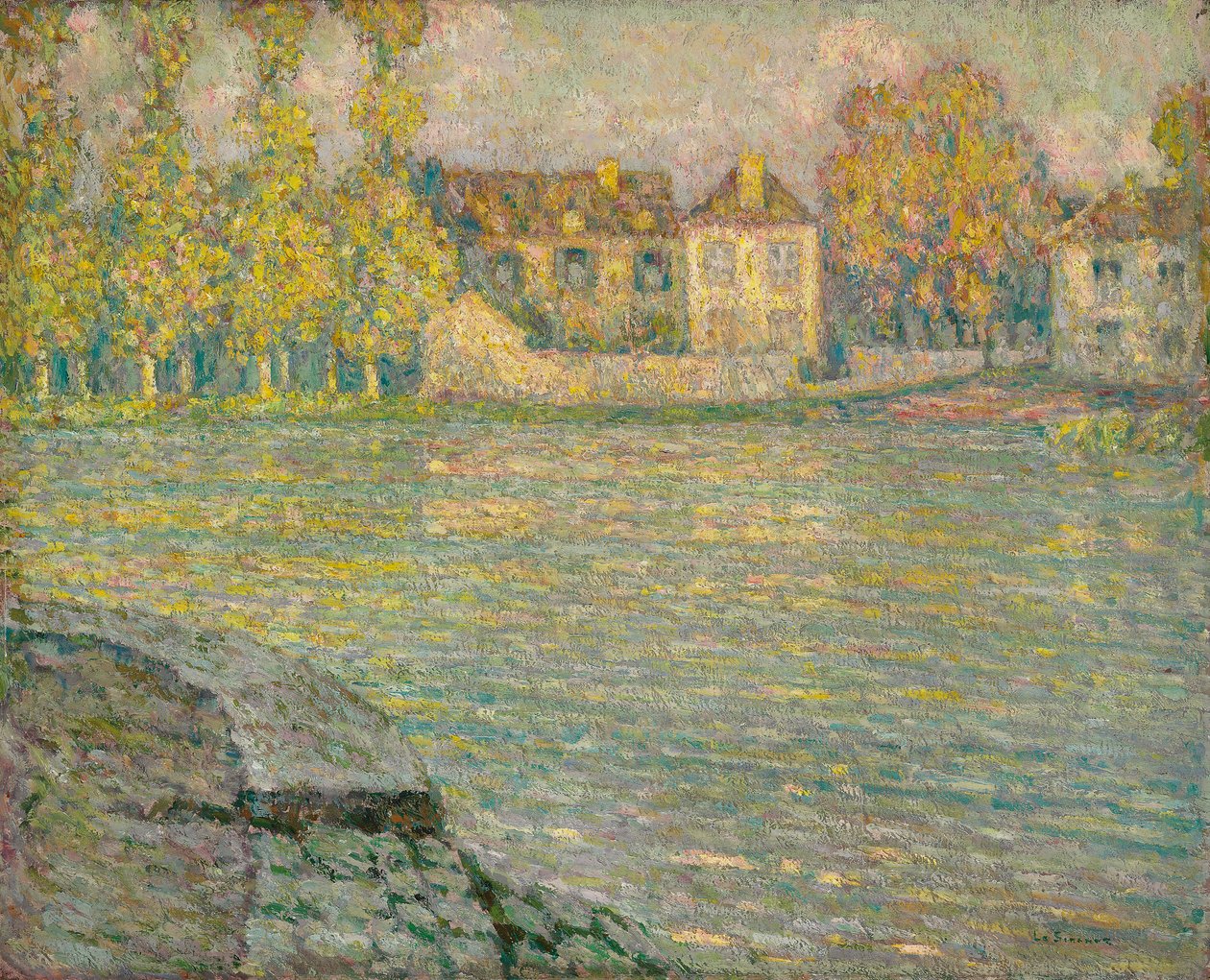 Házak a folyó mellett, Sunset, Moret; Házak a folyón naplementekor, Moret alkotó: Henri Eugene Augustin Le Sidaner