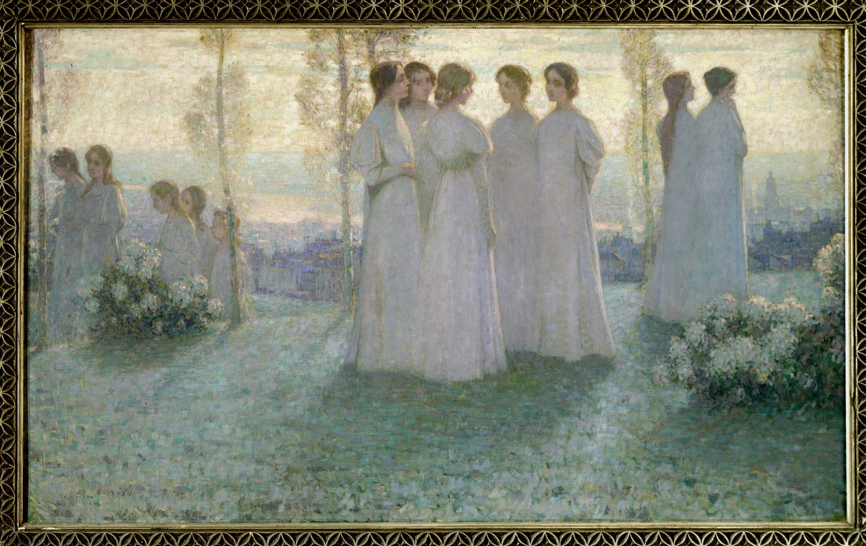 Vasárnap fehérbe öltözött nő beszélget a kertben – Henri Eugene (Henri-Eugene) Le Sidaner (1862-1939) festménye alkotó: Henri Eugene Augustin Le Sidaner