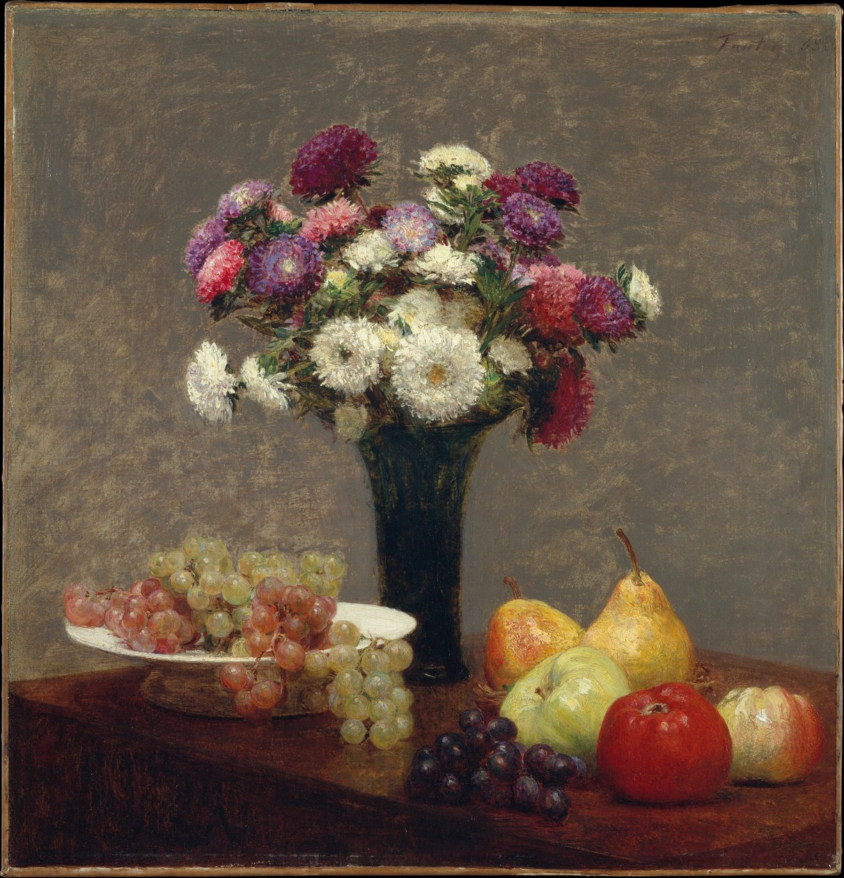 Őszirózsák és gyümölcs az asztalon alkotó: Henri Fantin-Latour
