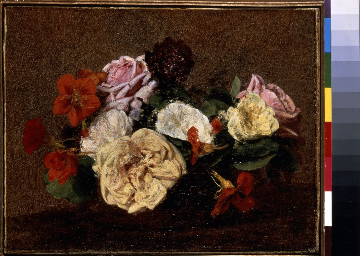 Rózsa és nasturcium vázában. Henri Fantin-Latour festménye (Fantin Latour alkotó: Ignace Henri Jean Fantin Latour