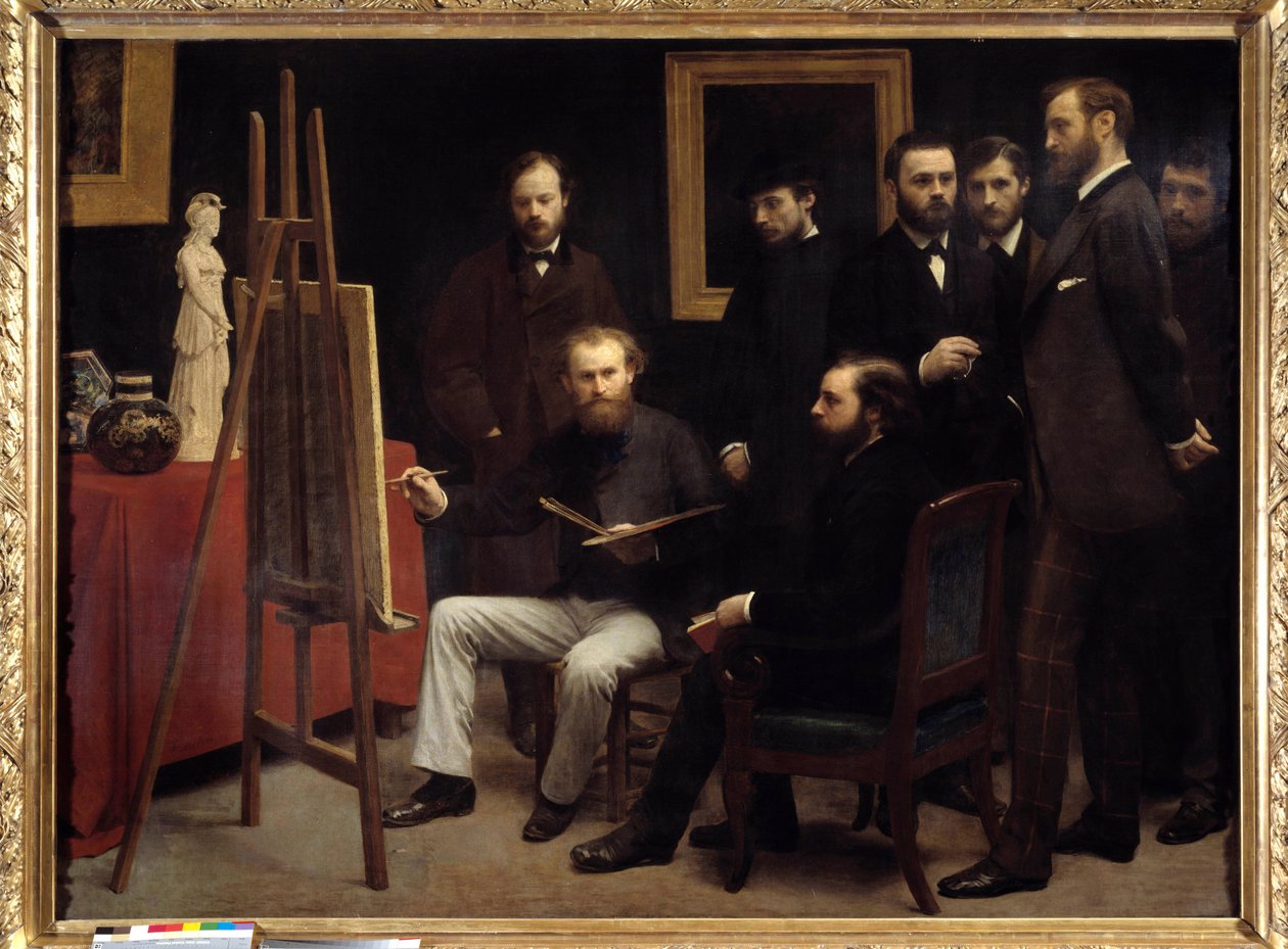 Műhely a Batignolles-ban. A jelenlévő szereplők közül: Otto Scholderer, Edouard Manet (1832-1883) a középpontban, Pierre Auguste Renoir (1841-1919), Zacharie Astru (1835-1907), Emile Zola (1840-1902), Edmond Maitre (1840-) 1888), Frederic Bazill alkotó: Ignace Henri Jean Fantin Latour