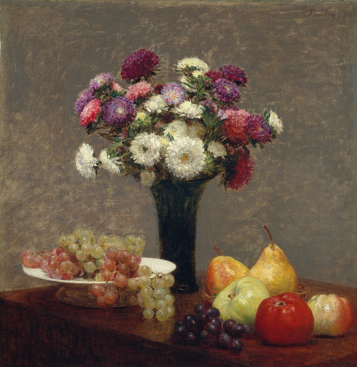 Őszirózsa és gyümölcs az asztalon, 1868. alkotó: Ignace Henri Jean Fantin Latour