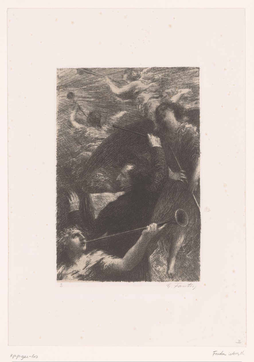Berlioz vezényel négy trombitafúvó angyal között Tuba mirum spargens sonum Hector Berlioz élete és művei (sorozat címe) alkotó: Ignace Henri Jean Fantin Latour