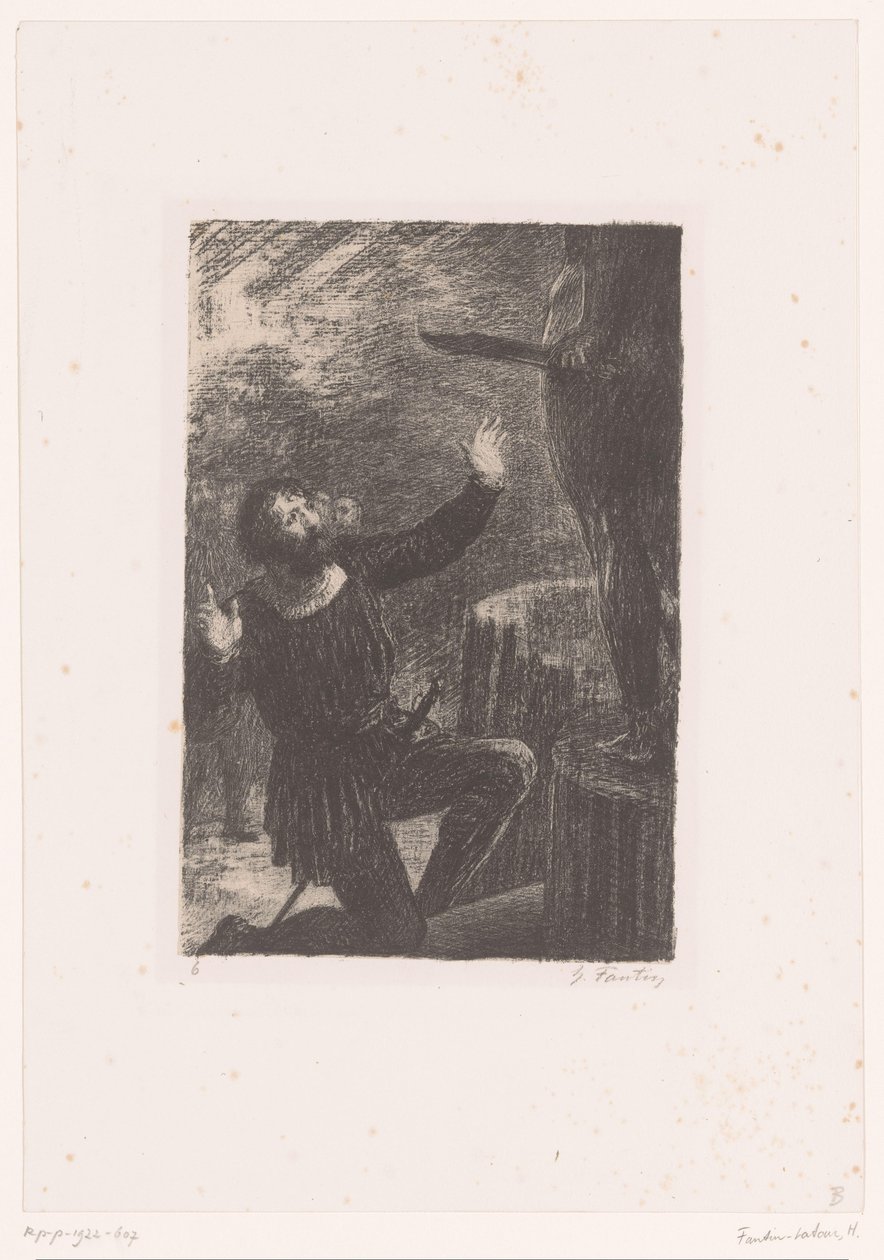Cellini letérdel Perszeusz bronzszobra előtt Benvenuto Cellini. törvény III. La Fonte du Persee Hector Berlioz élete és művei (sorozat címe) alkotó: Ignace Henri Jean Fantin Latour