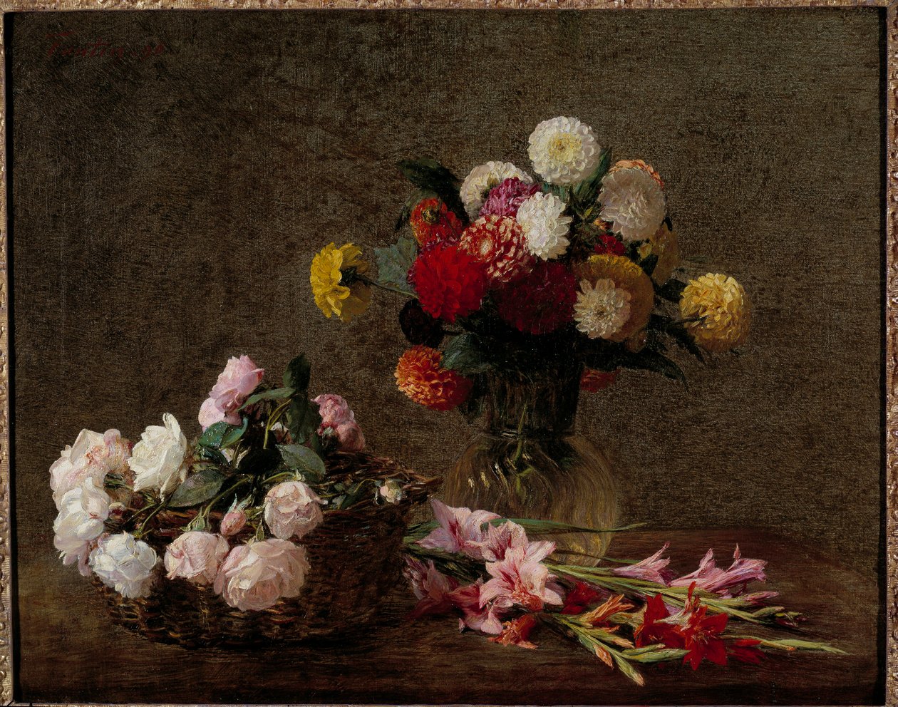 Dáliák és rózsák a kosárban Henri Fantin Latour festménye (Fantin-Latour alkotó: Ignace Henri Jean Fantin Latour