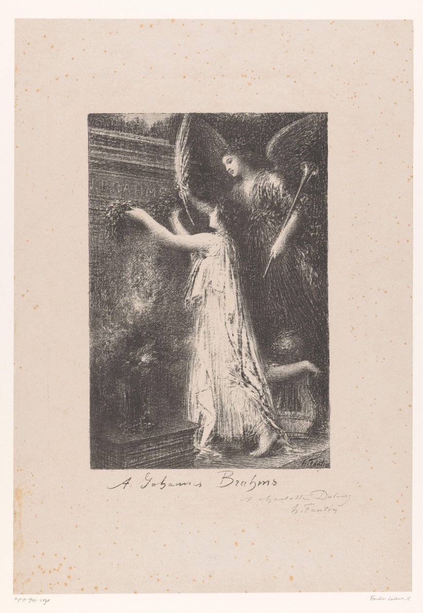 Az angyal és a hírnév megszemélyesítője tiszteletbeli koszorút visz Johannes Brahms sírjánál Á Johannes Brahms (cím a tárgyon) alkotó: Ignace Henri Jean Fantin Latour