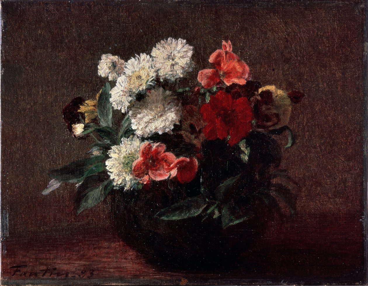 Virágok fajansz vázában. Henri Fantin-Latour festménye (Fantin Latour alkotó: Ignace Henri Jean Fantin Latour