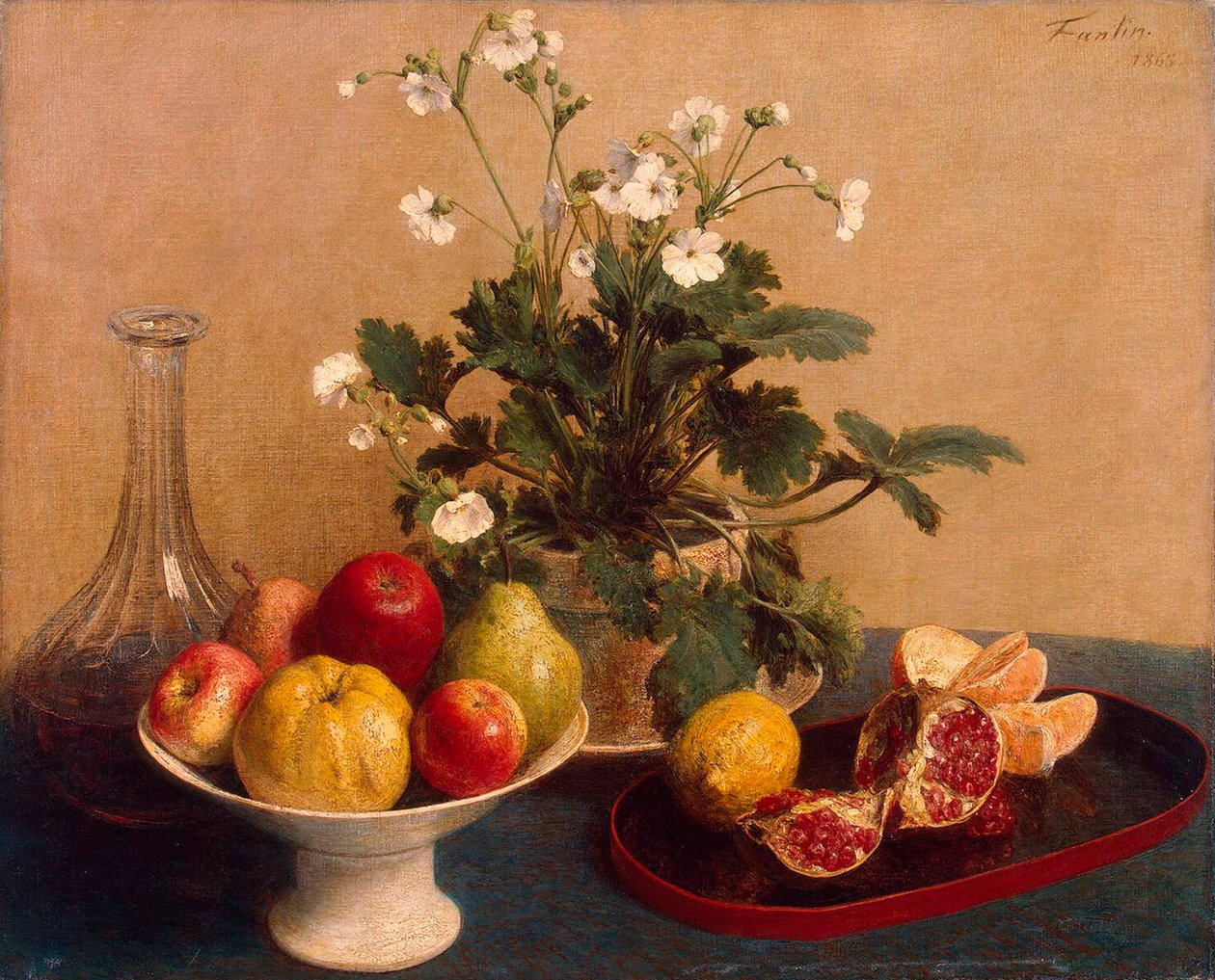 Virágok, gyümölcsös étel és kancsó”, 1865. alkotó: Ignace Henri Jean Fantin Latour