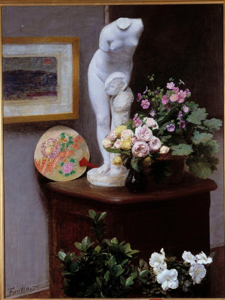 Virágok és tárgyak Henri Fantin Latour festménye (Fantin-Latour alkotó: Ignace Henri Jean Fantin Latour