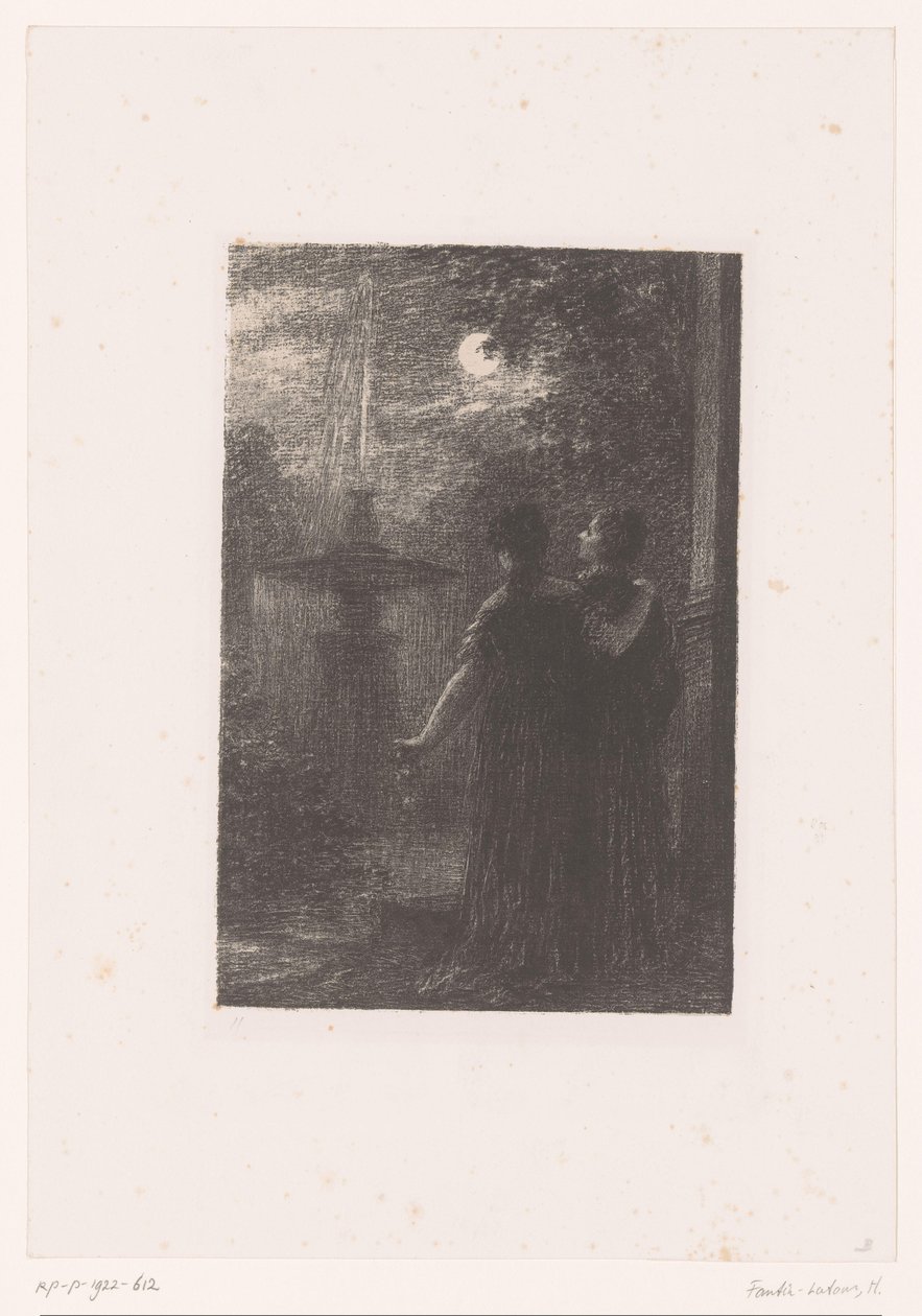 Héro és Ursule egy szökőkútnál a holdfényben Béatrice és Benedict. I. felvonás Noktürn Hector Berlioz élete és művei (sorozat címe) alkotó: Ignace Henri Jean Fantin Latour
