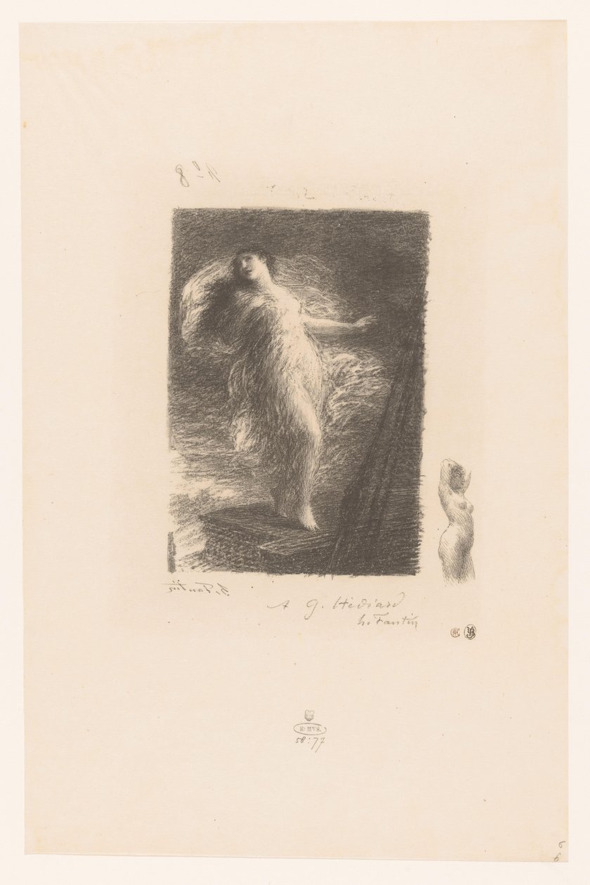 Jonge vrouw uit Taranto valt van de boeg van een schip A fiatal Tarentina XX elégia (régi stílusban) Gedichten van André Chénier (sorozat címe) Illusztrációk André Chénier verseihez (sorozat címe) alkotó: Ignace Henri Jean Fantin Latour