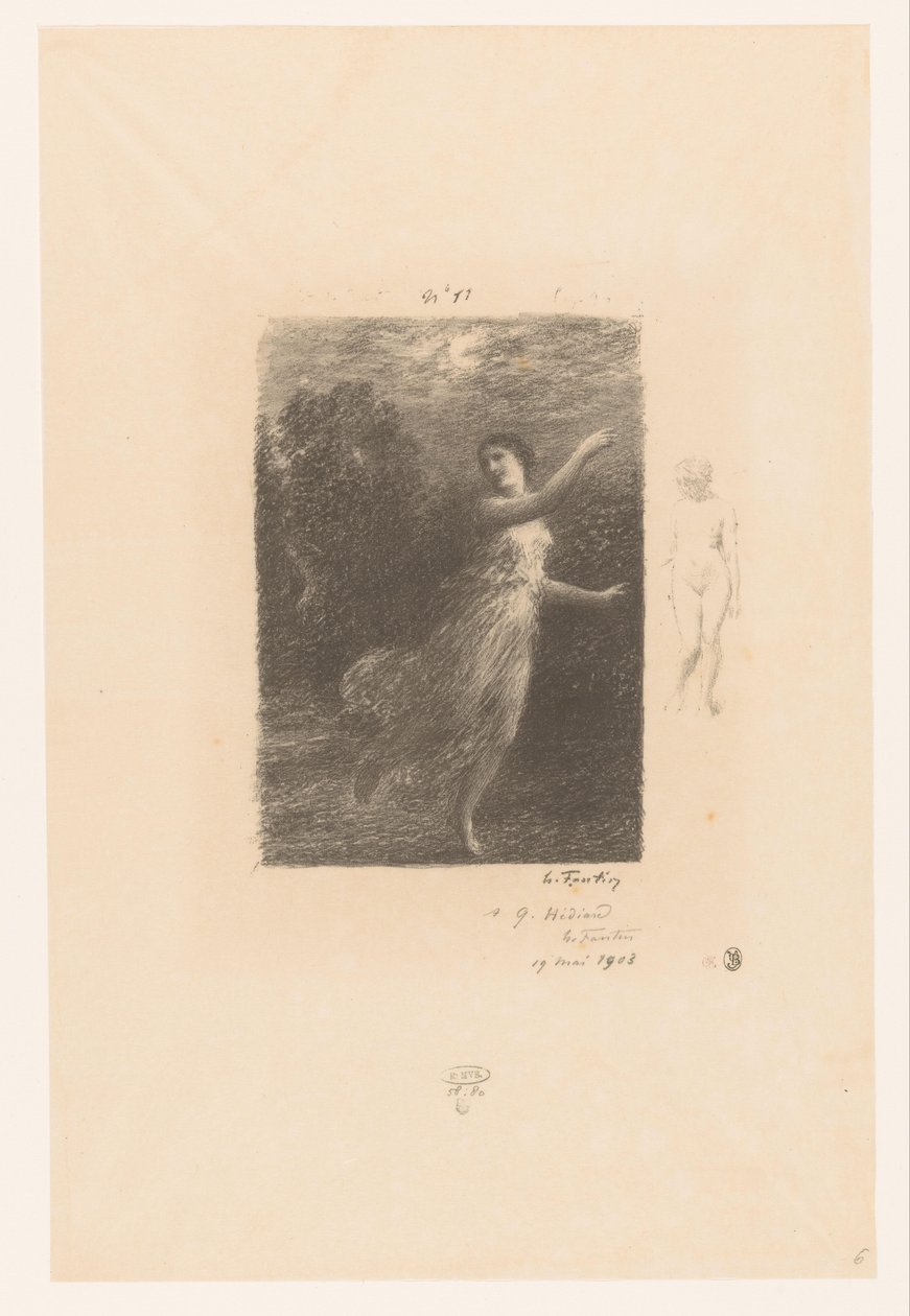 Nimf vlucht weg voor sater Éjjel a vándor nimfa Bukólik. Idillek és idilltöredékek. XXIV Gedichten van André Chénier (sorozat címe) Illusztrációk André Chénier verseihez (sorozat címe) alkotó: Ignace Henri Jean Fantin Latour