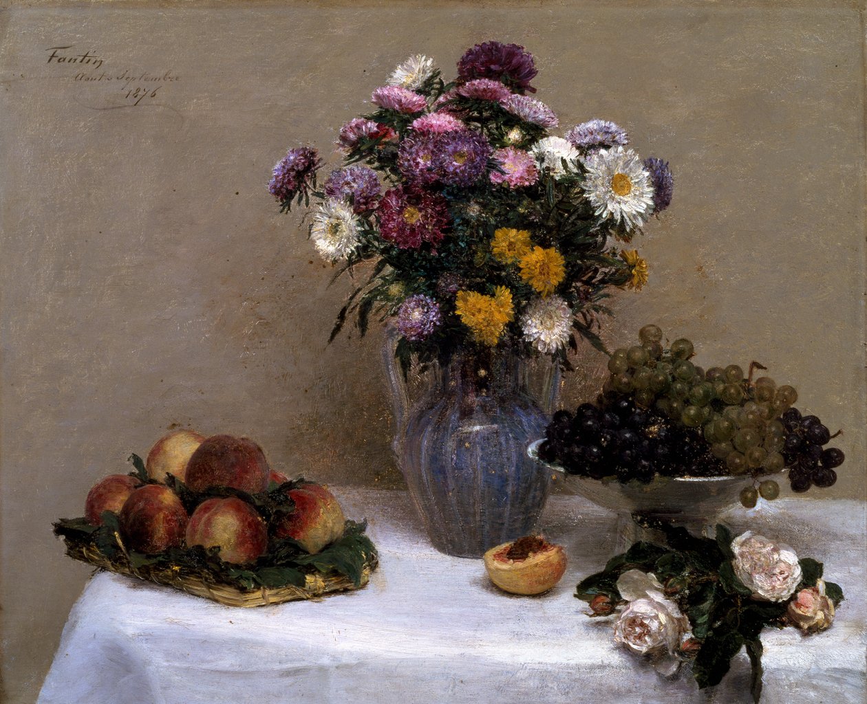 Fehér rózsák és krizantémok egy vázában alkotó: Ignace Henri Jean Fantin Latour