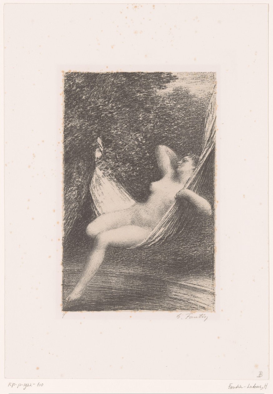 Sara meztelenül ringat egy függőágyban a víz felett Sara la Baigneuse Hector Berlioz élete és művei (sorozat címe) alkotó: Ignace Henri Jean Fantin Latour