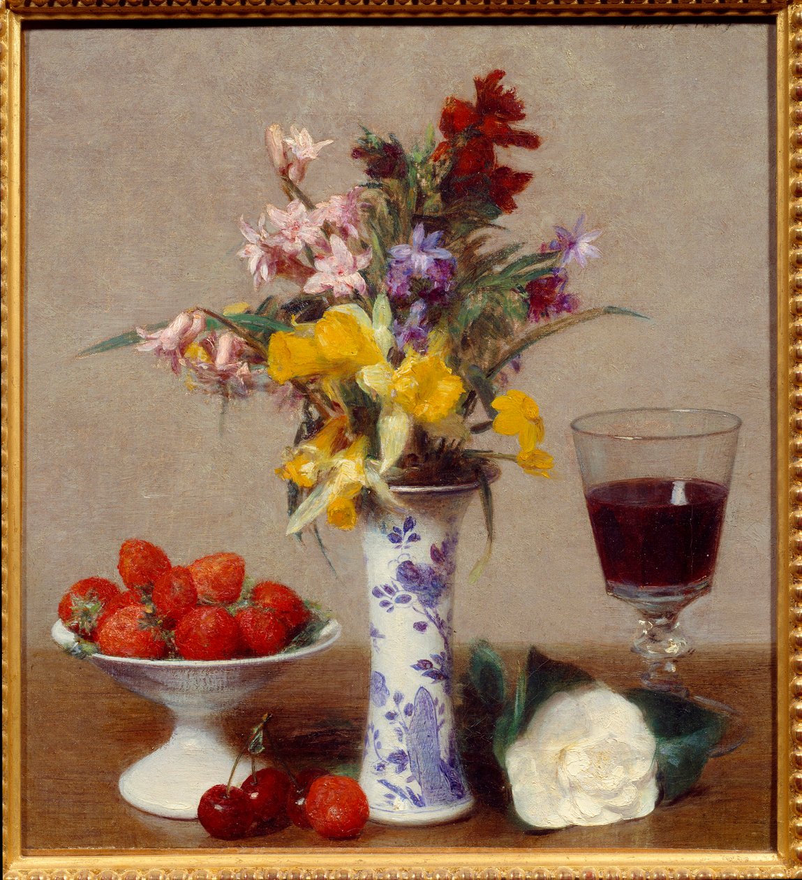 Eljegyzésnek nevezett csendélet Egy pohár vörösbor, egy csokor melanzs, cseresznye és eper. Henri Fantin Latour (Fantin-Latour) festménye (1836-1904) 1869 V. 0,32x0,29 m Grenoble, musee des Beaux Arts alkotó: Ignace Henri Jean Fantin Latour