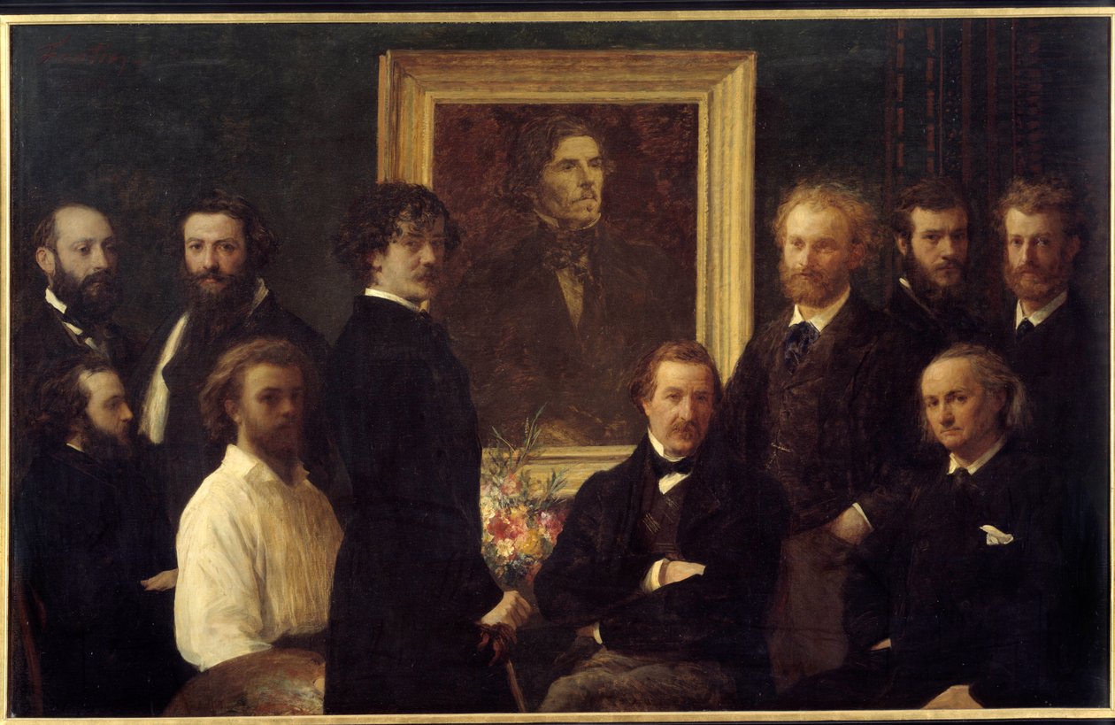 Tisztelet Eugene Delacroix előtt. A szereplők: Louis Edmond Duranty (a betűk embere), James Abbott Mac Neill Whistler (festő), Champfleury, Jules Husson (a betűk embere), Edouard Manet, Charles Baudelaire, Louis Cordier, Alphonse Legros (pai) alkotó: Ignace Henri Jean Fantin Latour