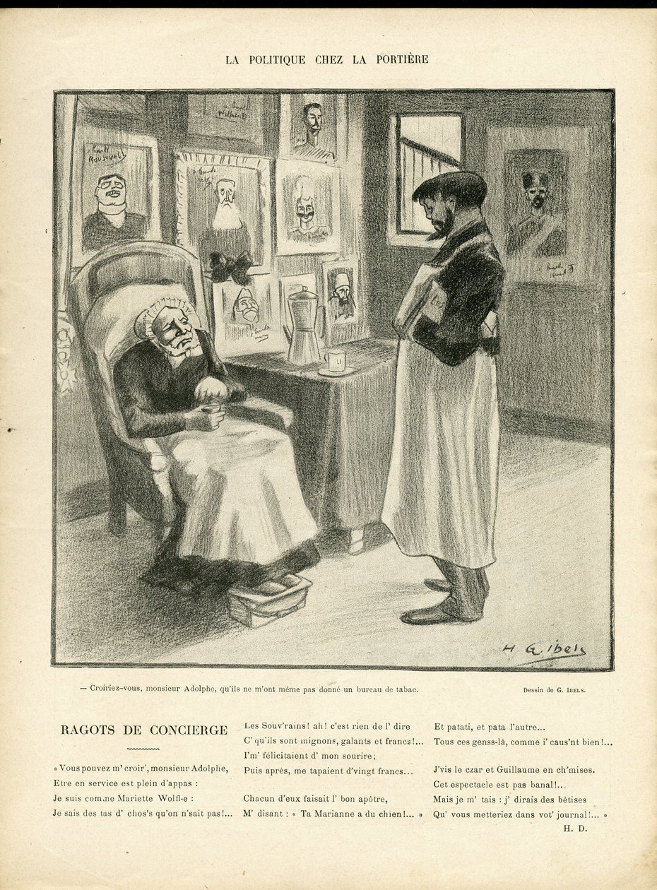 Illusztráció H. G. Ibelsről (1867-1936) a Le Rire-ben, 2010.01.08 - Politika a portierében - Külföldi uralkodók, azonosító - Loubet Emile alkotó: Henri Gabriel Ibels
