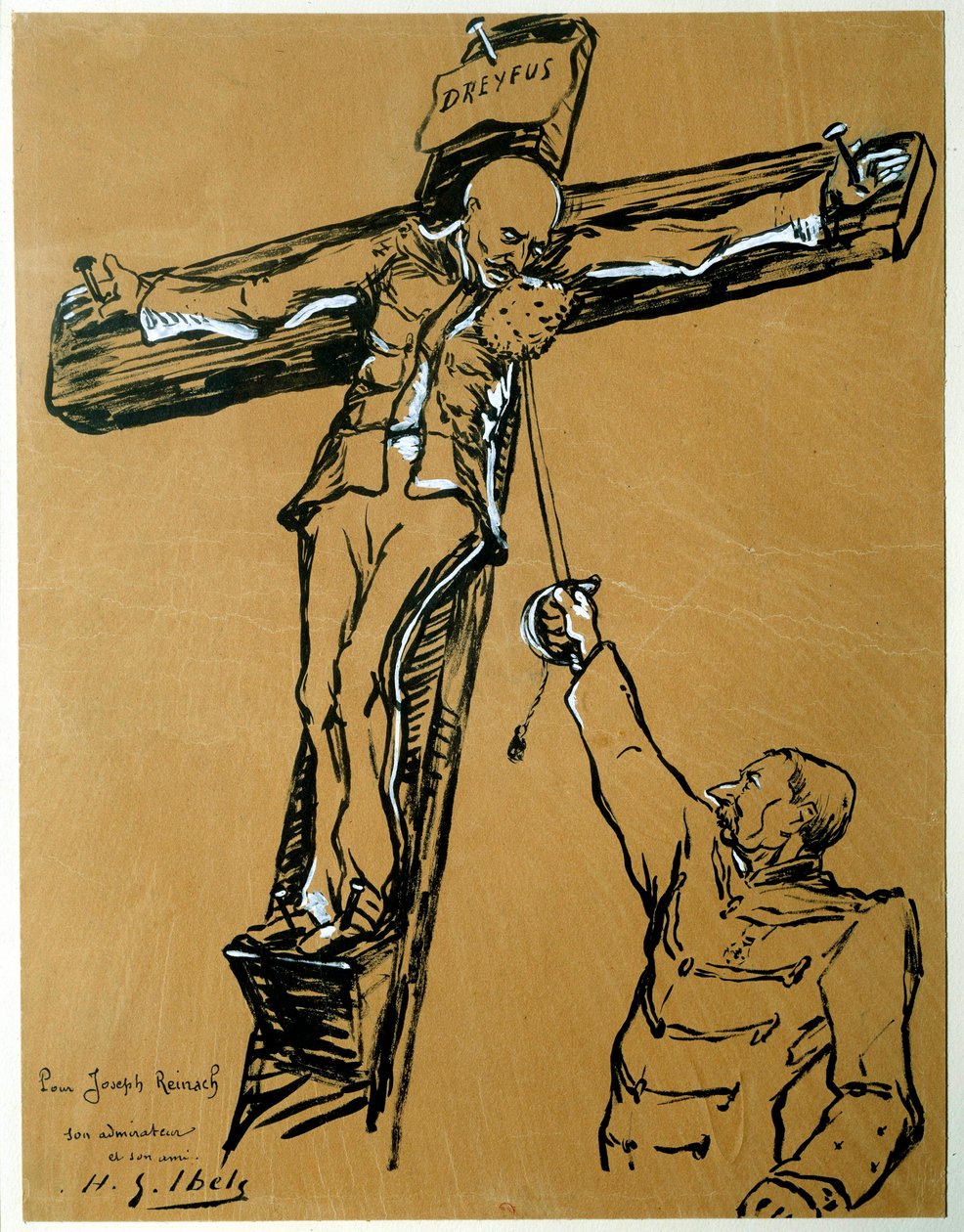 Szatíra a Dreyfus-ügyről: "" Dreyfus kapitány és Mercier tábornok (1833-1921): a Dreyfust elítélő hadügyminiszter a római katona helyett szivacsot nyújt a keresztre feszítő Dreyfus kapitánynak, hogy megtörölje az arcát" ” Kínai tinta és gouac alkotó: Henri Gabriel Ibels