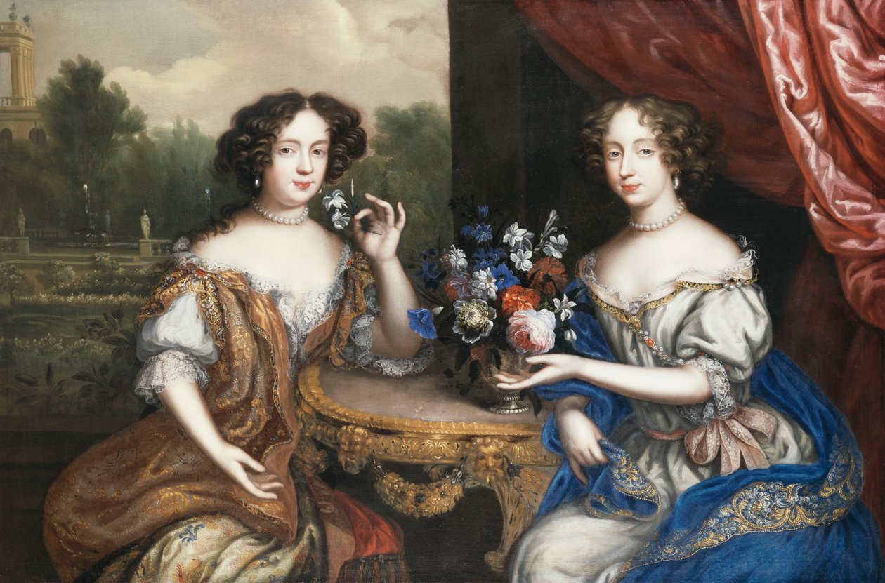 Lady Maria Somalia és Lady Anne Barrington kettős portréja, háromnegyed hosszúságban egy asztal mellett ülve egy virágvázával, alkotó: Henri Gascard