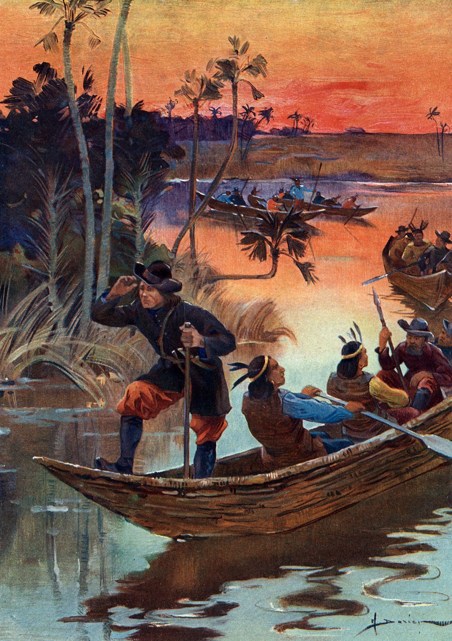 Rene Robert Cavelier de La Salle (1643-1687), francia felfedező és társai a Mississippi folyón leereszkedve Franciaország felé alkotó: Henri Gaston Darien