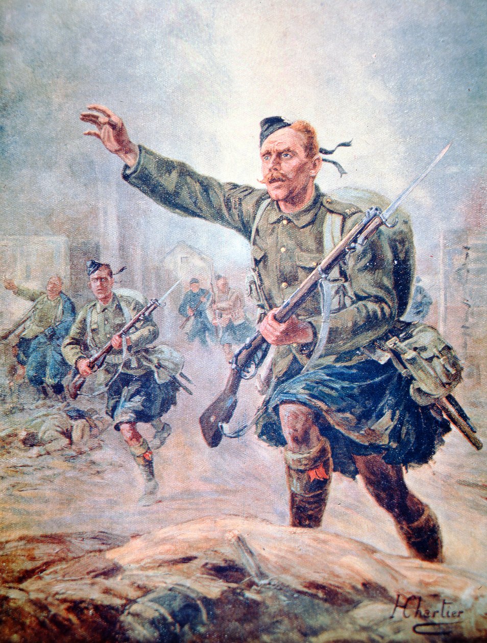Skót hegyvidéki lakos, aki pólót visel a csatában a nyugati fronton (színes litó) alkotó: Henri Georges Jacques (after) Chartier