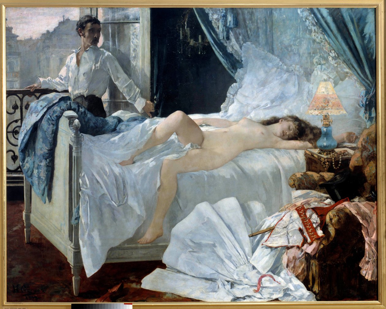 Rolla. Egy pár a hálószobában, a nő meztelenül alszik, a férfi pedig ránéz az ablaknál. Henri Gervex (1852 - 1929) festménye. 1878. Dim. 1,75 x 2,20 m Musee des Beaux Arts de Bordeaux - Rolla. Egy pár a hálószobában, a nő alszik és na alkotó: Henri Gervex
