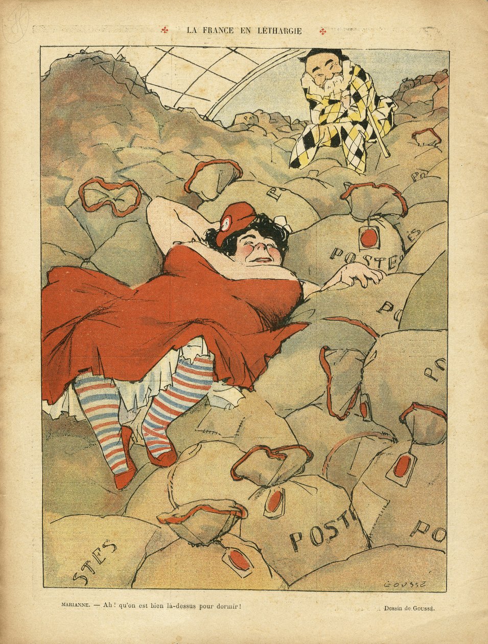 Henri Gousse (1872-1914) illusztrációja a Le Rire-ben, 09.04.03 - La France en letargie - Social, Greve, Courrier La Poste Postal - Clemenceau George, Marianne alkotó: Henri Gousse