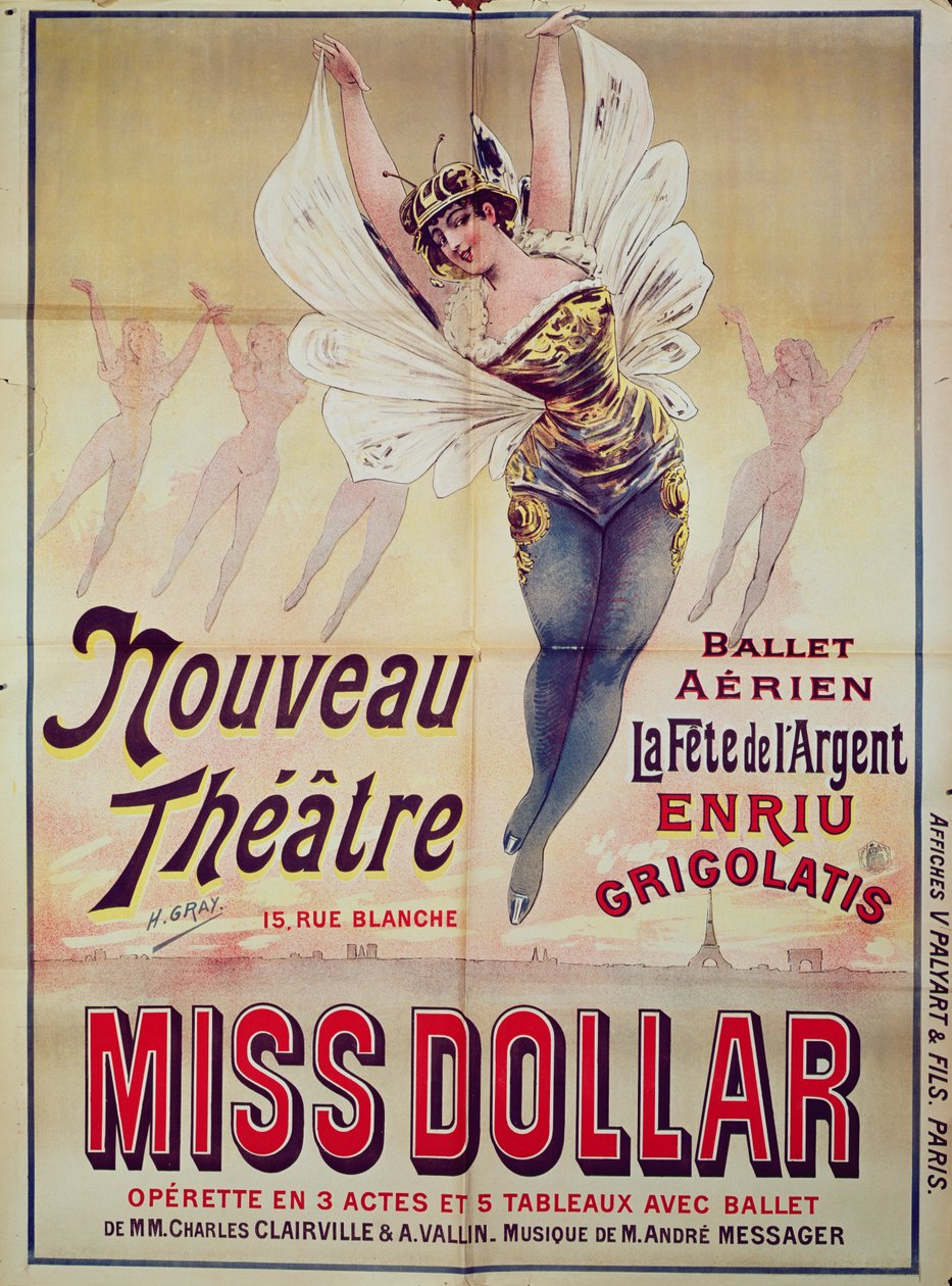 A Ballet Aerien La Fete de lArgent és a Miss Dollar című operettet reklámozó plakát, a Nouveau Színházban, rue Blanche, Párizs, 1893 alkotó: Henri Gray