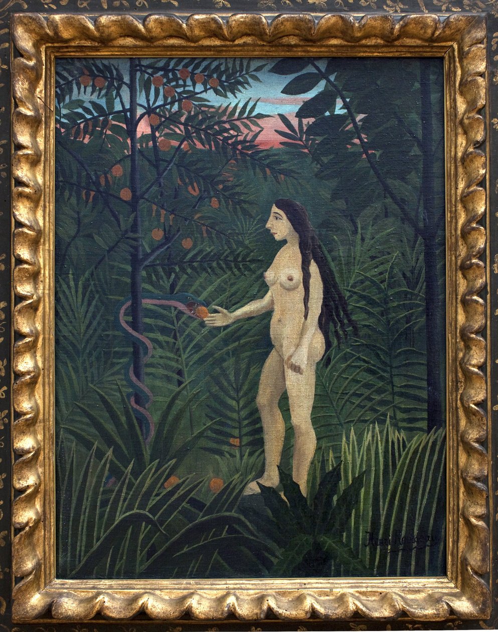 Éva a földi paradicsomban. Henri Rousseau dit le Douanier Rousseau (1844-1910) festménye, olaj, vászon, kb. 1906-1907. Francia művészet, XX. század, naif művészet. Kunsthalle, Hamburg, Németország. alkotó: Henri J.F. Rousseau