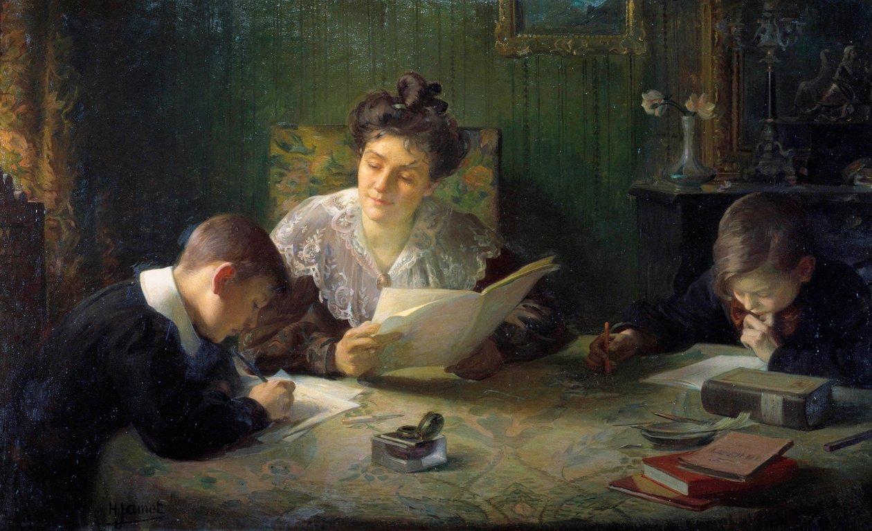 Házi feladat Egy anya segít a gyerekeknek a házi feladat elkészítésében. Henri Jamet (1858-1940) festménye 20. századi Orleans, Musee des Beaux Arts alkotó: Henri Jamet