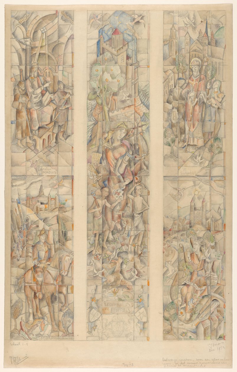 Tervező karton ólomüveg ablakhoz, Maastrichtban az új kormányépületben (az objektumon az eredeti cím) alkotó: Henri Jonas (signed by artist)