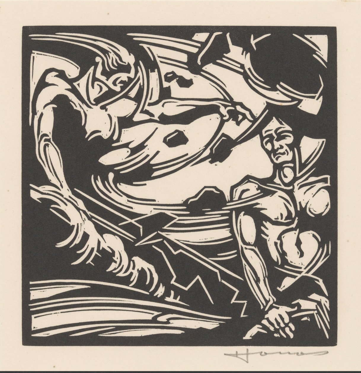 Két meztelen férfi egy kavargó légtömegben alkotó: Henri Jonas (signed by artist)