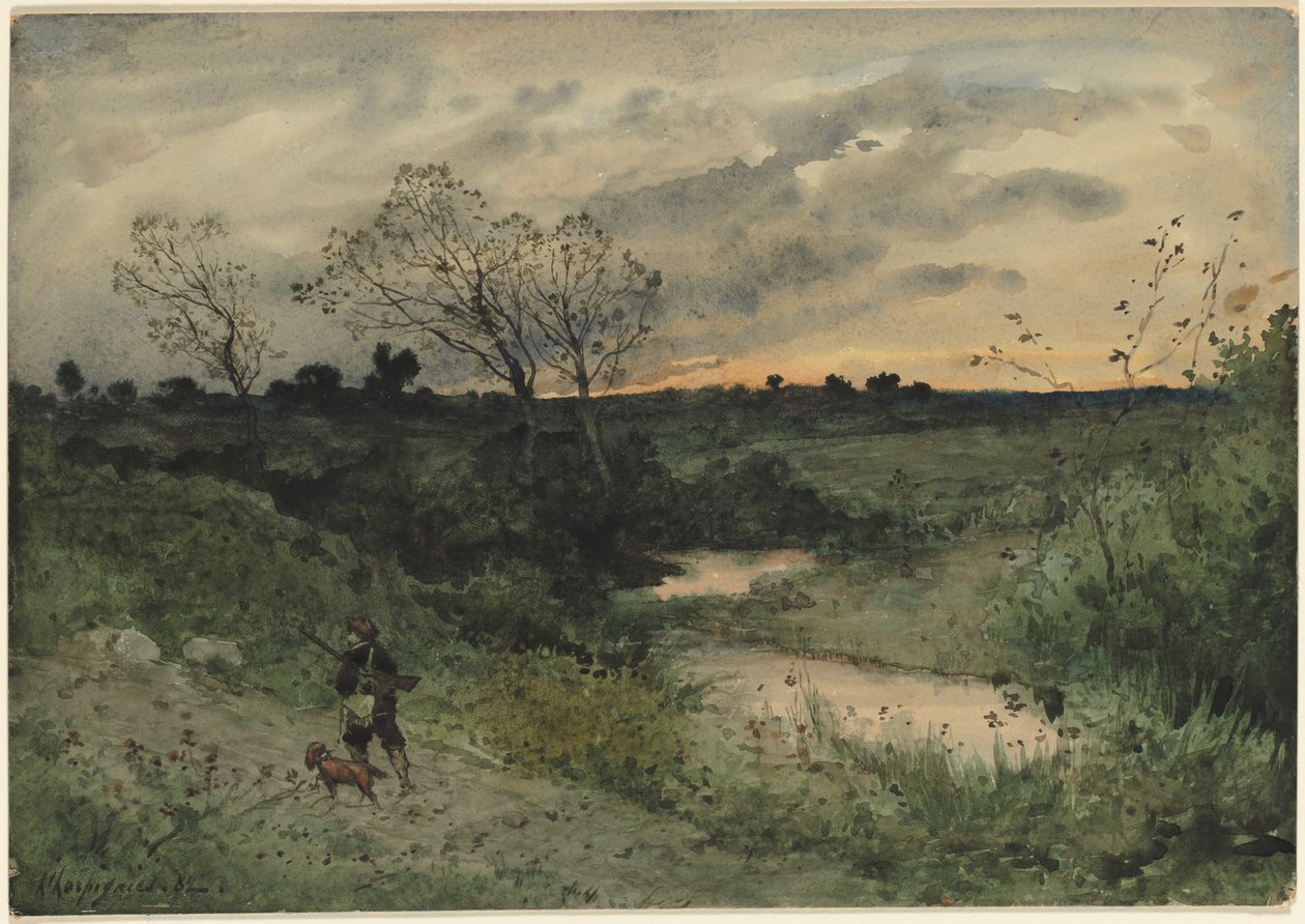 Hajnal – Vadász kutyával, 1882. alkotó: Henri Joseph Harpignies