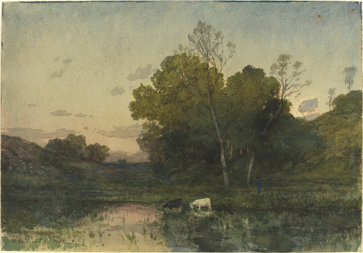 Esti fény egy erdős tóparton, marhaivással alkotó: Henri Joseph Harpignies