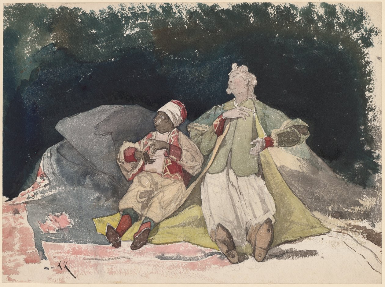 Két baba vagy bábok ülnek a párnákon alkotó: Henri Joseph Harpignies